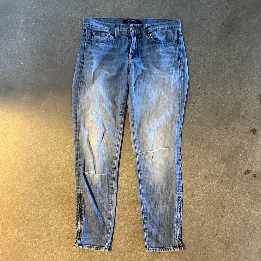 J BRAND WOMENS BLISS DISTRESSED SKINNY JEANS, SIZE US 27, LIGHT BLUE WASH